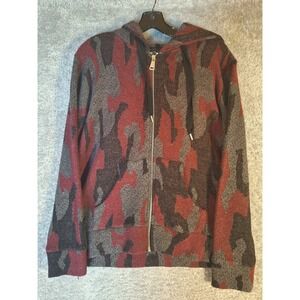 French Kyss Womens Red Gray Abstract Camo Full Zip Hooded Sweater Size S